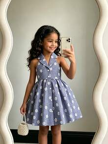 Souflis Souflis 女童夏季新款时尚Polo领露背吊带束腰甜美度假风连衣裙，少女正式礼服 - 藍色 - 查看 11