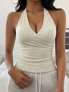 DAZY V-Neck Halter Sleeveless Padded Tank Top Bra Solid Color Women's Sports Bra - Beige - View 5