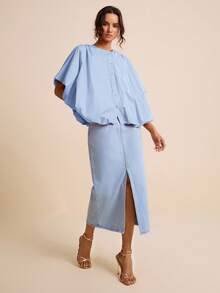 LOTSLUV Women's Spring/Summer Blue Loose Casual Elegant Batwing Sleeve Blouse Office,Elegant Women's Blouses,Pretty Blouses,Casual Blouses For Women - Baby Blue - View 5