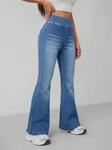 SHEIN PETITE Petite Size Women's Wide Elastic High Waist High Stretch Dusty Blue Lifting Flare Leg Jeans, Multi Pocket Casual Everyday Summer Streetwear Pant - Medium Wash - View 4