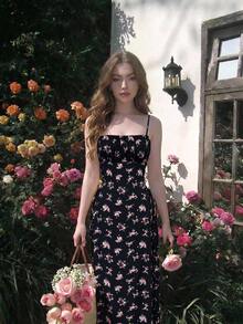 Skyraze Women Bowknot Strap Floral Print Long Dress For Summer,Graduation Dress,Modest Dresses For Women - Black - View 7