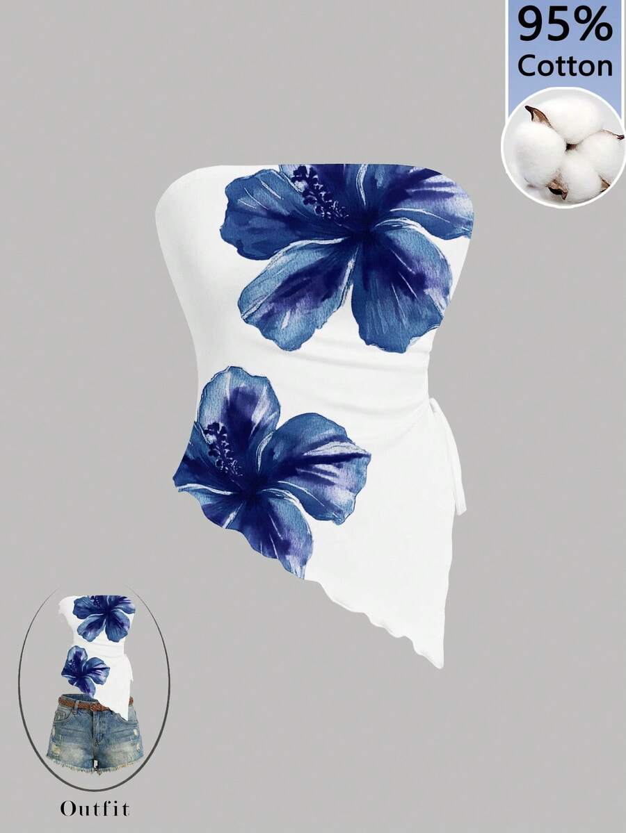 SHEIN MOD 女款 95% 棉 藍/白 扶桑花不對稱下擺抹胸上衣-海灘/度假;時尚;節慶、野餐 - 彩色 - 查看 1