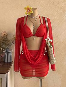 SHEIN DivaQ Summer Sexy Mesh Cowl Neck Cover-Up Bikini 3 Pieces Set Club Night Red - Red - View 4