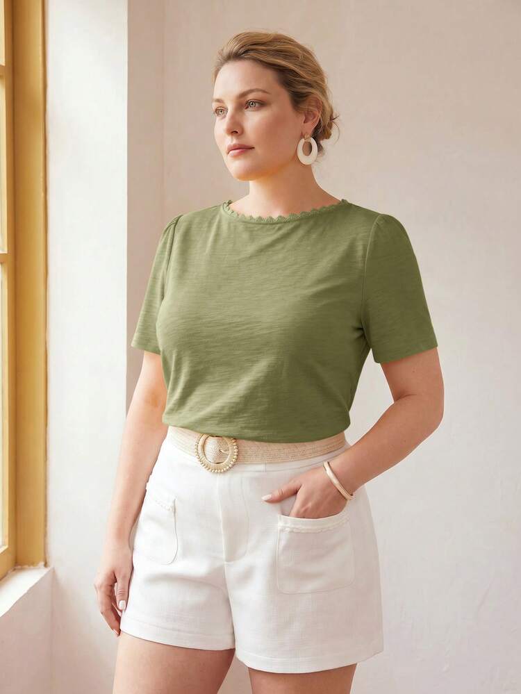 MOTF PREMIUM PLUS SIZE WOMEN'S 100% PURE COTTON CUTOUT BACK TEXTURED LACE SHORT SLEEVE TEE - Green - View 6