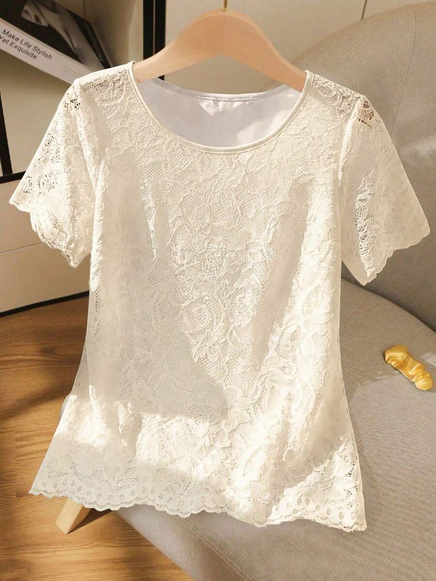 GlowEve 女款圓領蕾絲飾邊短袖襯衫,白色夏季浪漫優雅風,適合婚禮、早午餐與茶會 - 杏色 - 查看 1