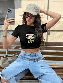 THE POWERPUFF GIRLS X SHEIN Women's Cartoon Print Round Neck Short Sleeve Casual Slim Fit T-Shirt - White - View 9