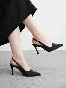 CUCCOO CHICEST 女款戶外尖頭細高跟布面鞋，時尚簡約舒適，配扣設計，適合日常宴會與派對穿著 - 沙丁 黑色 - 查看 4