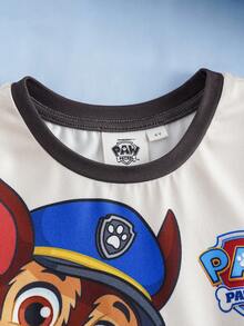 SHEIN | PAW Patrol 小男孩卡通印花圓領短袖T恤與格紋短褲居家休閒套裝 - 杏色 - 查看 3