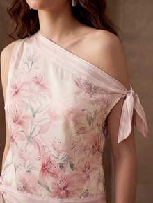 Anewsta Women's Spring/Summer One-Shoulder Square Neck Coconut Tree Elegant Beach Tea Party Date Party Wedding Blouse Shirt Floral Pink Floral - Pink - View 2