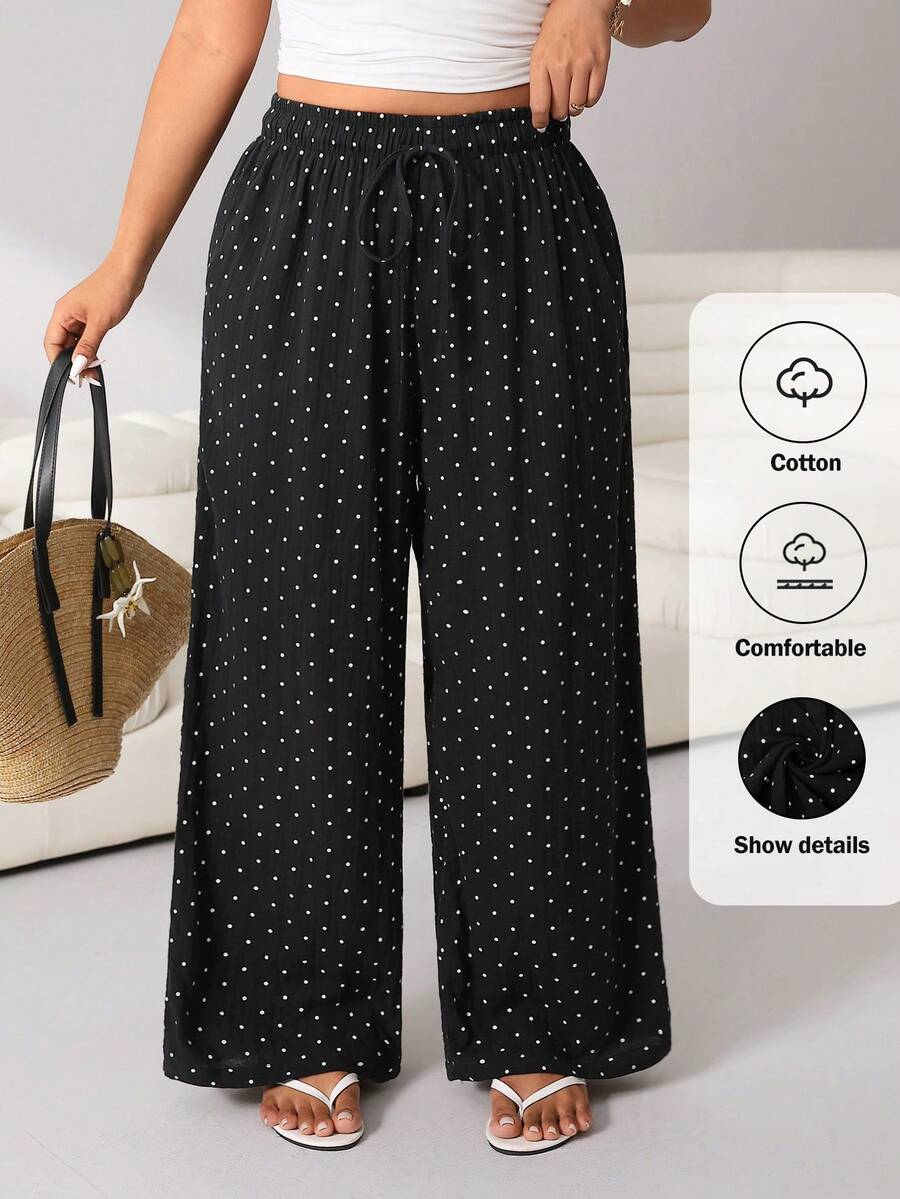 Solflare Plus Size Women's Polka Dot Print Loose Wide Leg Pants, Suitable For Beach, Resort, Spring/Summer/Autumn Fall Traditional Greek Goddess