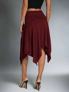 Denimoi High Slit Asymmetrical Skirt Vacation Outfits European Summer Ibiza Sexy Skirts - Burgundy - View 4