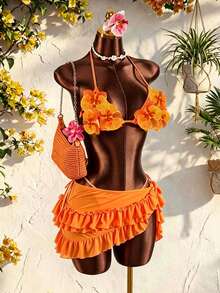 Swim SXY Women's Tropical Mesh Ruffled Mini Skirt Bikini Swimwear Set, Suitable For Beach Vacation Tropical Vacation, Holiday In Spring And Summer Burnt Orange - Multicolor - View 1