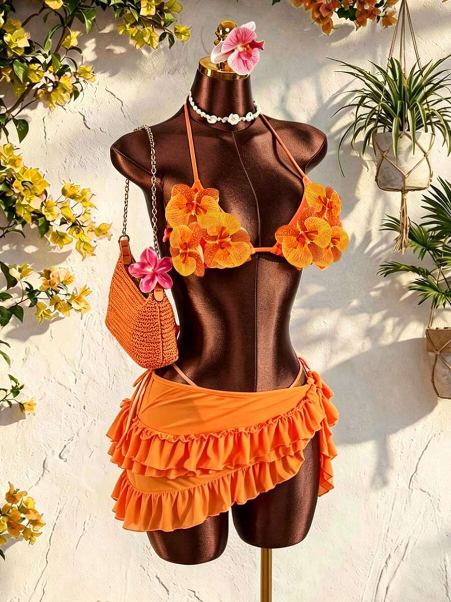 Swim SXY Women's Tropical Mesh Ruffled Mini Skirt Bikini Swimwear Set, Suitable For Beach Vacation Tropical Vacation, Holiday In Spring And Summer Burnt Orange - Multicolor - View 1