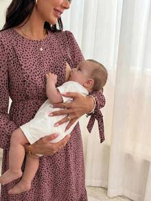 SHEIN 孕婦全印花哺乳洋裝，適合休閒、派對與旅行 - 藕粉色 - 查看 3