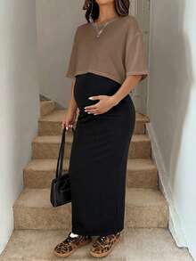 SHEIN Conjunto de 2 piezas de top corto y vestido camisola de unicolor para maternidad - Caqui - Ver 6
