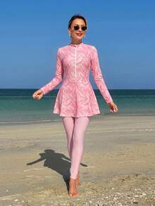 Swim Mulvari Women's 2-Piece White Base Colorful Seashell Random Print Long Sleeve Half-Zip Fitted Top With A-Line Hem Dress And Fitted Long Pants Middle Eastern Burkini - Pink - View 4