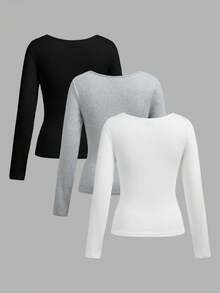 SHEIN EZwear 3件組秋季新款結飾方領女款T恤上衣，適合日常通勤、約會、派對，秋冬春夏皆宜，聖誕節、新年 - 彩色 - 查看 2