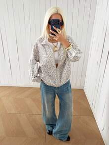 SHEIN EZwear 女款豹紋長袖前拉鍊休閒夾克 - 灰色 - 查看 6