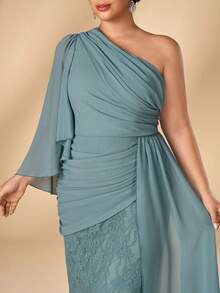 Serin Plus Size Elegant Glamorous Blue Lace Patchwork Chiffon One Shoulder Ruched Asymmetrical Ruffle Sleeve Fitted Mermaid Hem Formal Evening Gown For - Blue - View 6