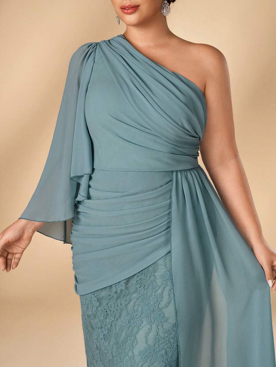 Serin Plus Size Elegant Glamorous Blue Lace Patchwork Chiffon One Shoulder Ruched Asymmetrical Ruffle Sleeve Fitted Mermaid Hem Formal Evening Gown For