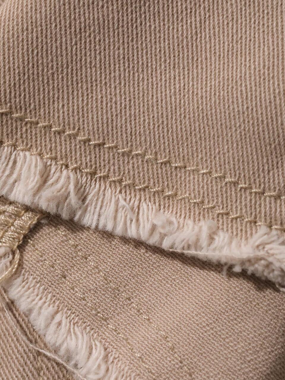 Women's Khaki Metal Button Frayed Hem Cinched Waist Slim Fit Casual Street Outdoor Patchwork Denim Jacket, Autumn Summer