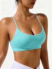 SHEIN Sovereign Charm Camiseta de tirantes deportiva sin costuras de unicolor minimalista - Azul Cadete - View 6