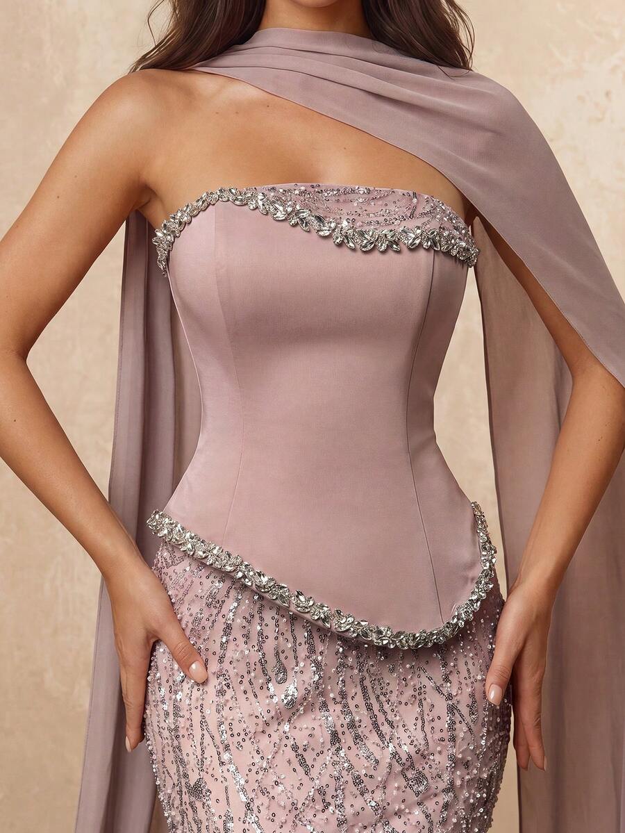 Lumalex Elegant Luxurious Diamond Pearl Sequin Floral Mesh Patchwork Stretch Knit Mermaid Skirt With Hanging Chiffon Flounce,Suitable For Wedding,Party,Prom - Dusty Pink - View 1
