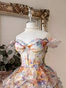 Lovelzi Elegant Romantic Vacation Glossy Shimmer Floral Strapless Off-Shoulder Ruffle Sleeve Bustier High Waist Slimming Asymmetrical Multi-Layered Ruffle Puff A-Line Skirt Extra Long Decorative Jellyfish Hem Back Adjustable Tie Strap Dress For Date Vacation Beach Wedding Event Graduation Homecoming Spring Summer Elegant Party Women Wedding Guest Gathering - Apricot - View 3