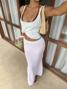 Sunnyshic Women's Vacation Beach Colorblock Pink And White Striped Fish Tail Cute Delicate Versatile Perforated Knit Skirt Summer Casual - Baby Pink - View 7