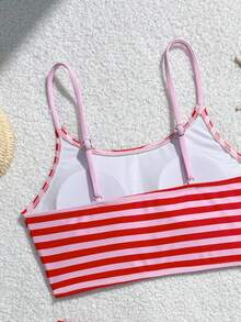 SHEIN 青少年女孩比基尼套裝，紅粉條紋圖案，可調節肩帶，兩件式三角泳衣，適合夏季度假、海灘、海邊、游泳池、派對 - 彩色 - 查看 5
