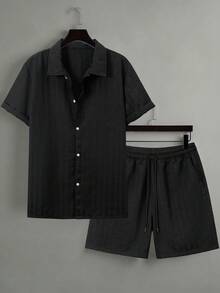 Manfinity Homme Men's Solid Color Short Sleeve Single-Breasted Shirt And Shorts Casual Set - Black - View 1