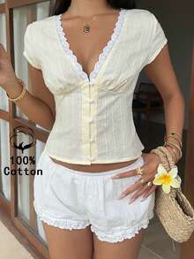Sunnyshic Áo blouse nữ mùa hè phong cách thời trang Âu Mỹ, cổ chữ V gợi cảm, phối ren, buộc lưng độc đáo, tôn dáng, tinh tế, vải cotton 100% vân nổi, thiết kế cài nút thanh lịch, tay cánh dơi, phong cách nhẹ nhàng - Màu vàng - Xem 2
