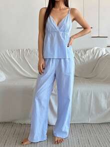 DAZY 2pcs Lace Patchwork Sleeveless Camisole Loose Short Pajama Pants Set, Summer Women's Sleepwear - Blue and White - View 3