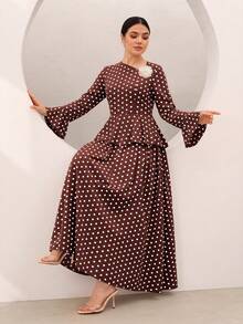 Graceveil Women's Polka Dot 3D Floral Decor Top And Skirt Casual Daily Outfit Set - Brown - View 4