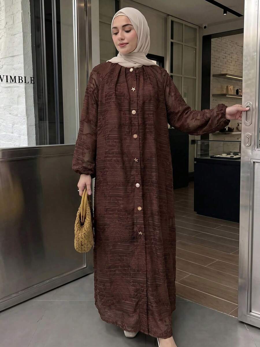 Solavon 女款優雅純色鏤空長洋裝 - 咖啡棕 - 查看 1
