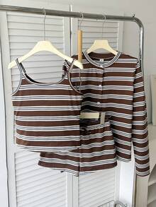 SHEIN 青少年女孩條紋長袖上衣與細肩帶短褲套裝 - 棕色 - 查看 4