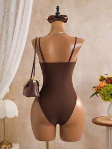 Swim Vcay Fashion One-Piece Swimsuit, Deep V-Neck Pleated Top Style, Removable Shoulder Straps For Summer Beach Vacation, New Black Simple And Elegant Sexy Top Deep V-Neck One-Piece Women's Swimsuit For Spring And Summer - Brown - View 2
