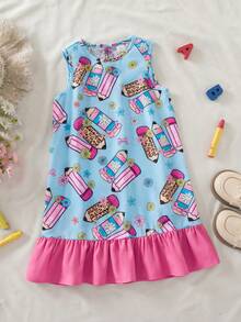 Emery Rose Kids Emery Rose Kids 女童可愛卡通鉛筆圖案印花圓領洋裝 返校季 - 粉色 - 查看 4