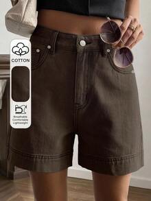 Livesso Petite Short en jean décontracté et polyvalent pour femme, avec poches et boutons, pour l'été - Tabac - Voir 6