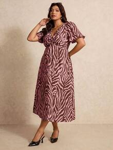 Elaquor Plus Size Women's Zebra Print V-Neck Short Sleeve Elegant Dress Vacation Pink Summer - Multicolor - View 4