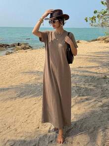 FRIFUL Women Brown Long Embroidered Graphic Print Summer Dress Sundress - Brown - View 16