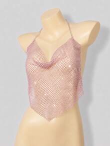 VaVaBold Rhinestone Studded Fishnet Overlay Cami Top For Holiday Party Clothes - Purple - View 3