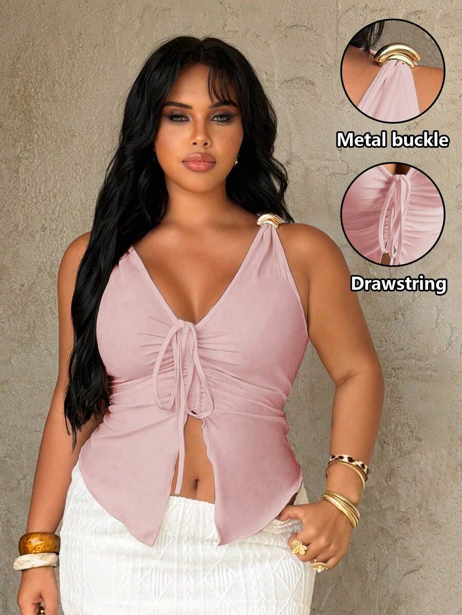 Rustia Plus Size Women's Solid Color Ruched Metal Decor Fitted Versatile Casual Top - Dusty Pink - View 1