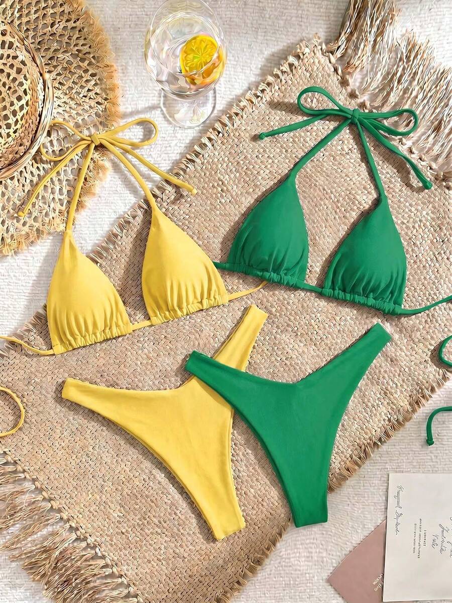 Swim Vcay 女款夏季海灘純色掛脖綁帶性感時尚比基尼兩件式泳衣套裝 - 彩色 - 查看 1