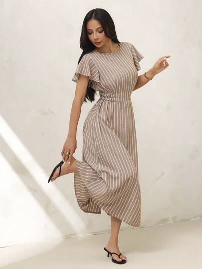 SHEIN PETITE 女款棕色條紋連身裙，適合日常穿著 | 女款夏季服飾