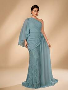 Serin Plus Size Elegant Glamorous Blue Lace Patchwork Chiffon One Shoulder Ruched Asymmetrical Ruffle Sleeve Fitted Mermaid Hem Formal Evening Gown For - Blue - View 8