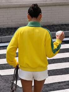 Muchica Women's Brazil-Inspired Yellow/Green Colorblock Sweatshirt - Jersey-Style, Streetwear, Game Day - Multicolor - View 2