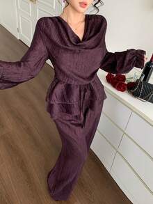 Joudiya Autumn Summer Dark Purple Ruffle Trim Shirt Straight Leg Pants Elegant Wedding Brunch Party Women 2 Pieces Set - Violet Purple - View 6