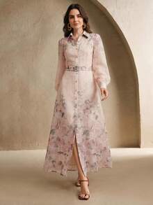 Anewsta 春夏優雅宮廷風花卉印花長袖泡泡袖長洋裝女款，情人節洋裝 - 粉色 - 查看 6