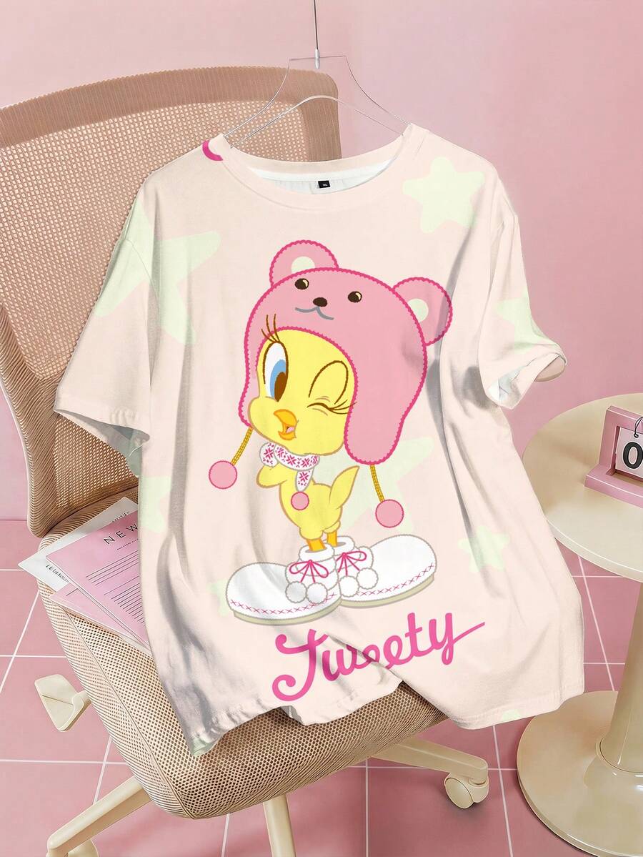 LOONEY TUNES X SHEIN 大尺碼女款字母卡通印花圓領短袖休閒T恤 - 白色 - 查看 1